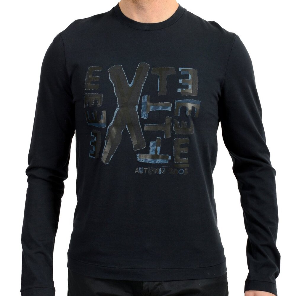 Exte Men's Navy Blue Logo Print Long Sleeve T-Shirt US S IT 48